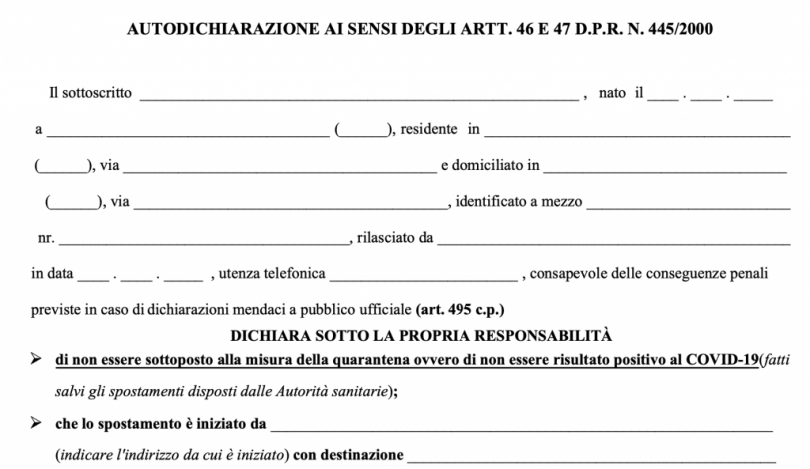 Il modello di autocertificazione in vigore dal 4 maggio